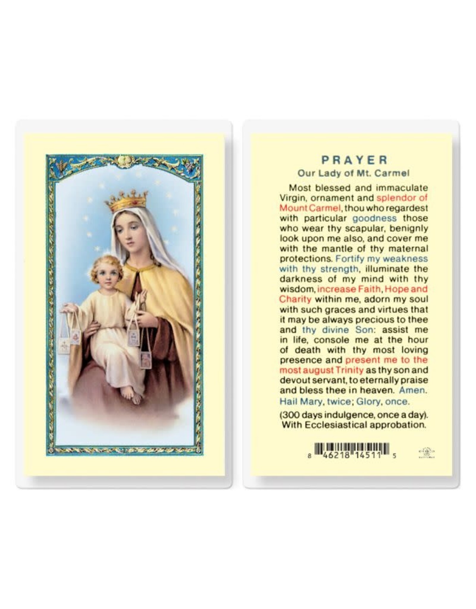 Hirten Holy Card, Laminated - Our Lady of Mount Carmel