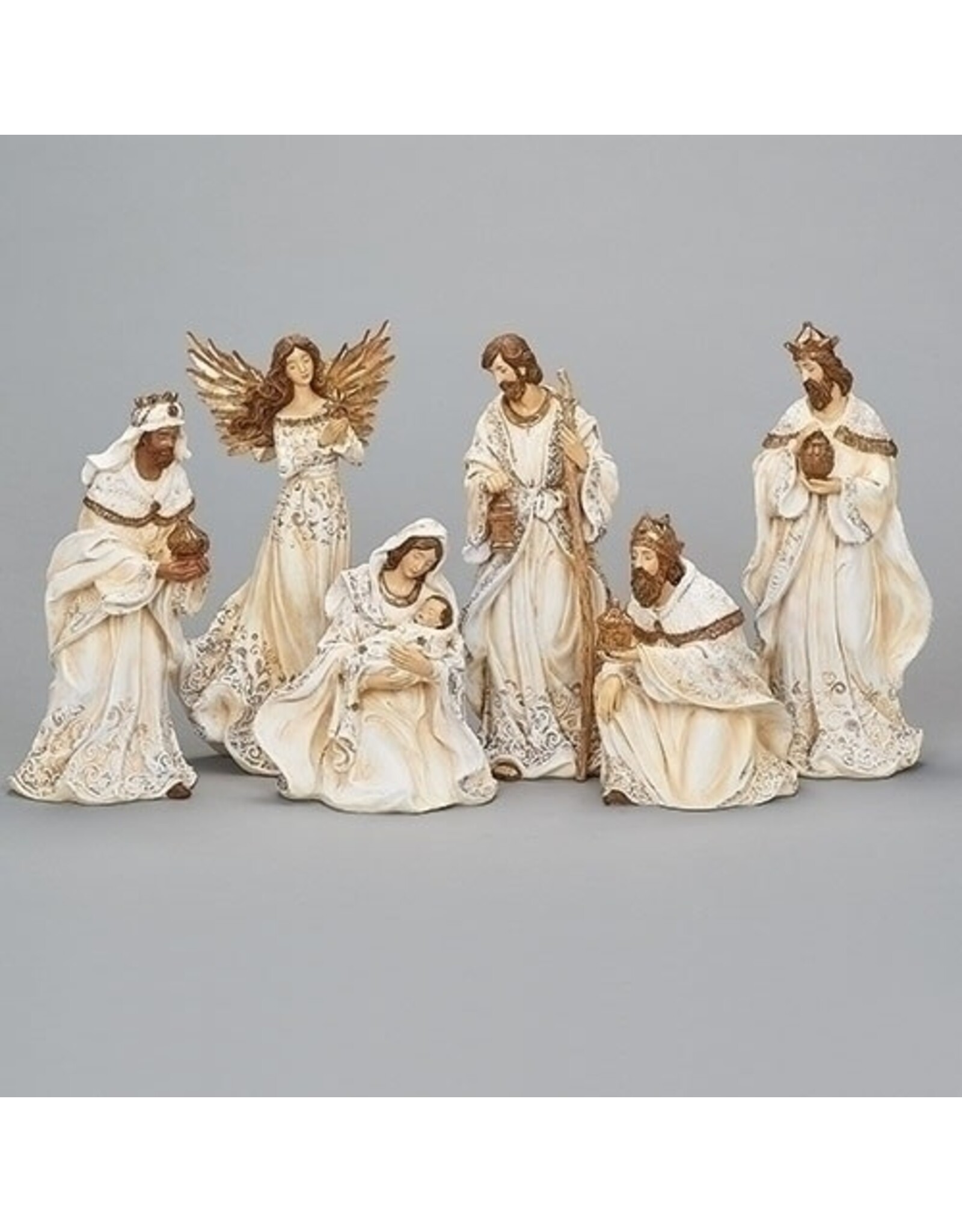 Roman Nativity Set, 12", 6-Piece, Cream Gown with Gold Rope Trim