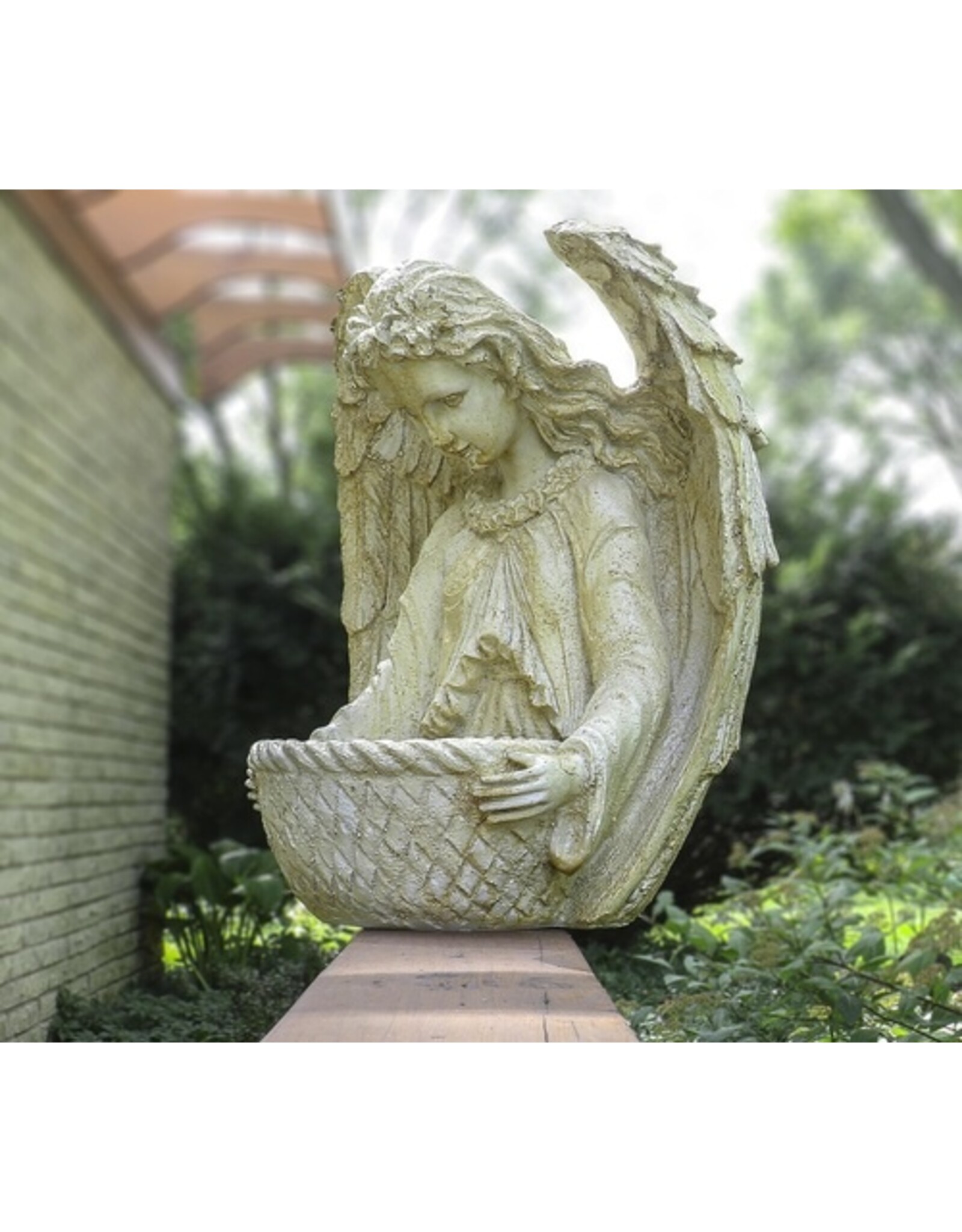 Orlandi Garden Angel with Bowl Outdoor Statue - Fiber Stone, Pompeii Finish (15")