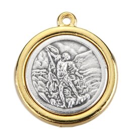 Hirten St. Michael/Our Lady of Fatima Small Oxidized Silver Medal in Gold Border, Round