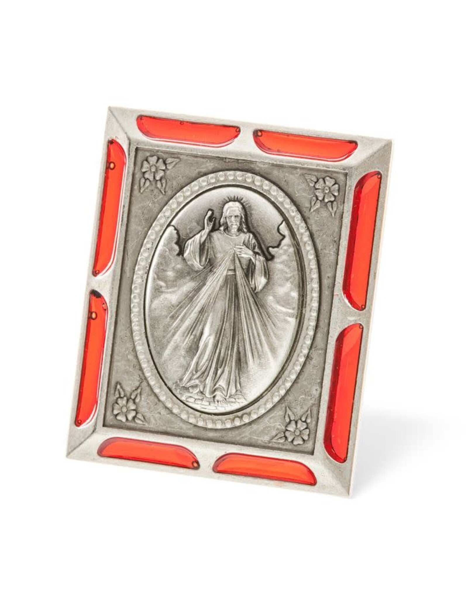 Hirten Divine Mercy Antiqued Silver Metal Plaque with Red Epoxied Accents