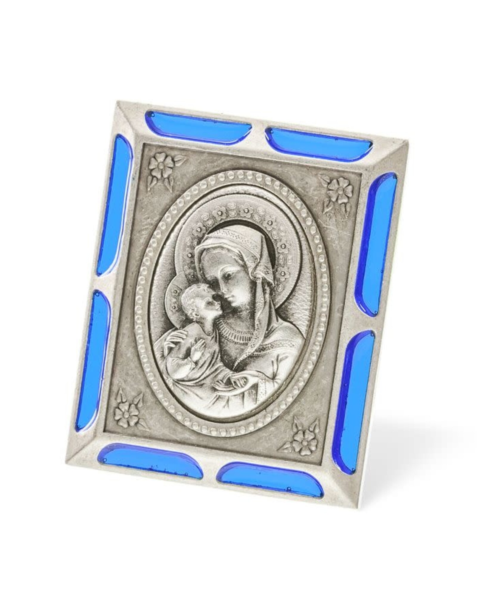 Hirten Madonna of the Streets Antiqued Silver Metal Plaque with Blue Epoxied Accents