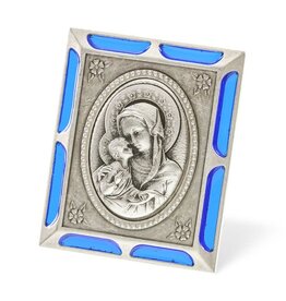 Hirten Madonna of the Streets Antiqued Silver Metal Plaque with Blue Epoxied Accents