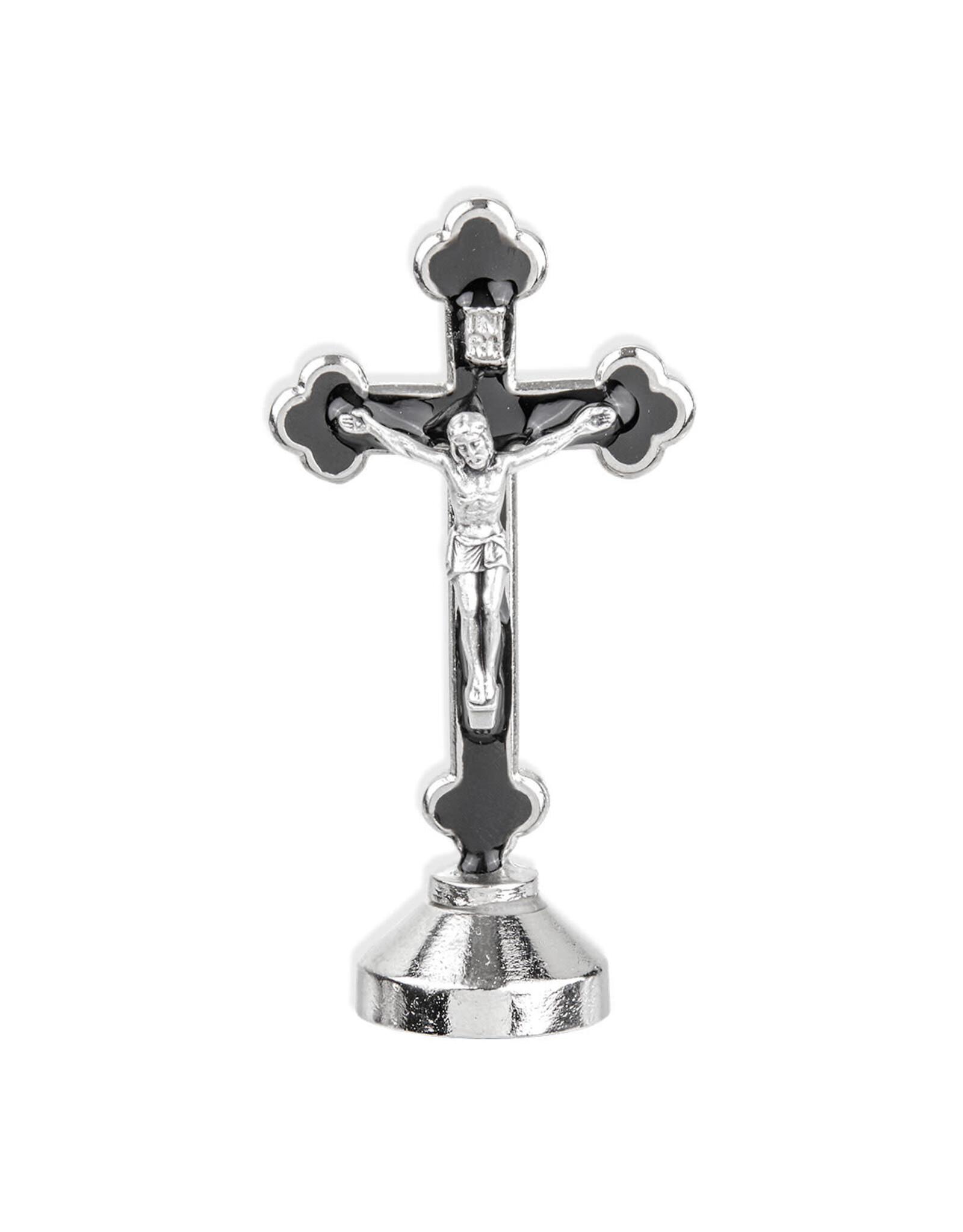 Hirten Auto Statue, Crucifix, Latin Style Nickel Finish with Black Epoxy, 2 3/4"