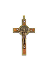 Hirten Crucifix -St. Benedict Medal with Mohagany Wood Inlay in Antique Bronze Finish, 3 1/4"