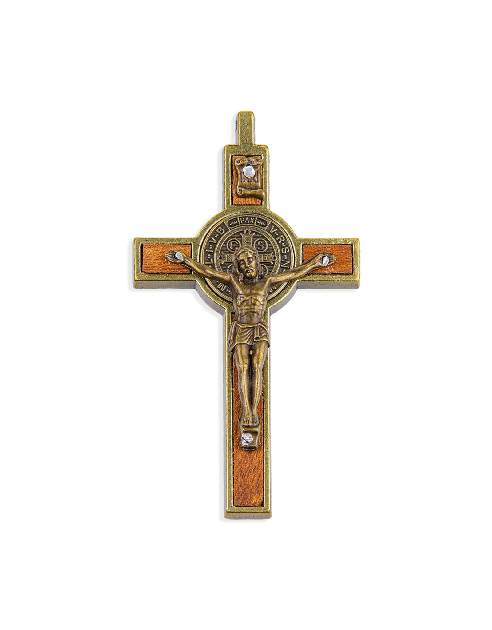Hirten Crucifix -St. Benedict Medal with Mohagany Wood Inlay in Antique Bronze Finish, 3 1/4"