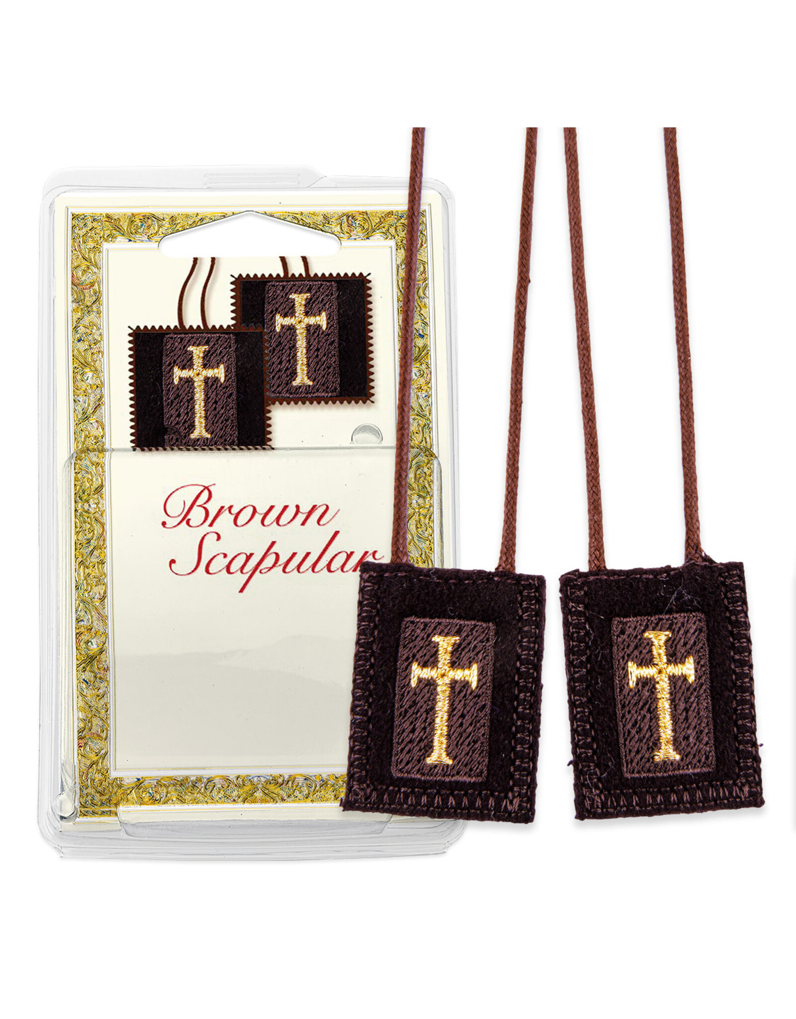 Hirten Scapular - Brown Wool with Gold Embroidered Latin Crosses
