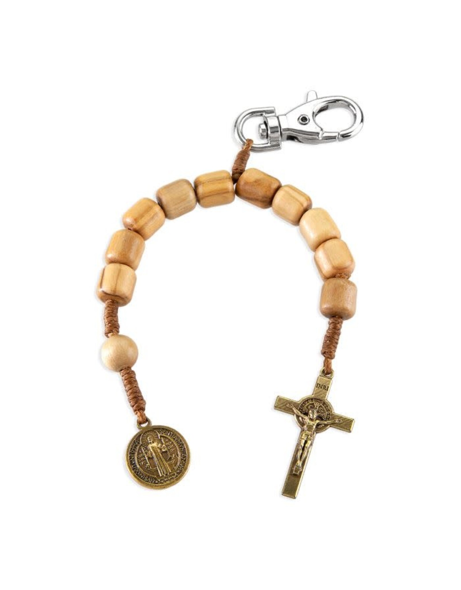Hirten Decade Rosary (Backpack Clip) - St. Benedict Medal & Crucifix (Bronze/Brown/Light Wood)
