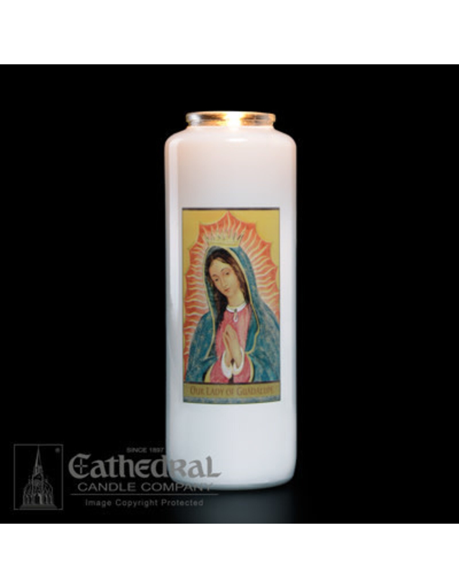 Cathedral Candle 6-Day Our Lady of Guadalupe Glass Candle (Each)