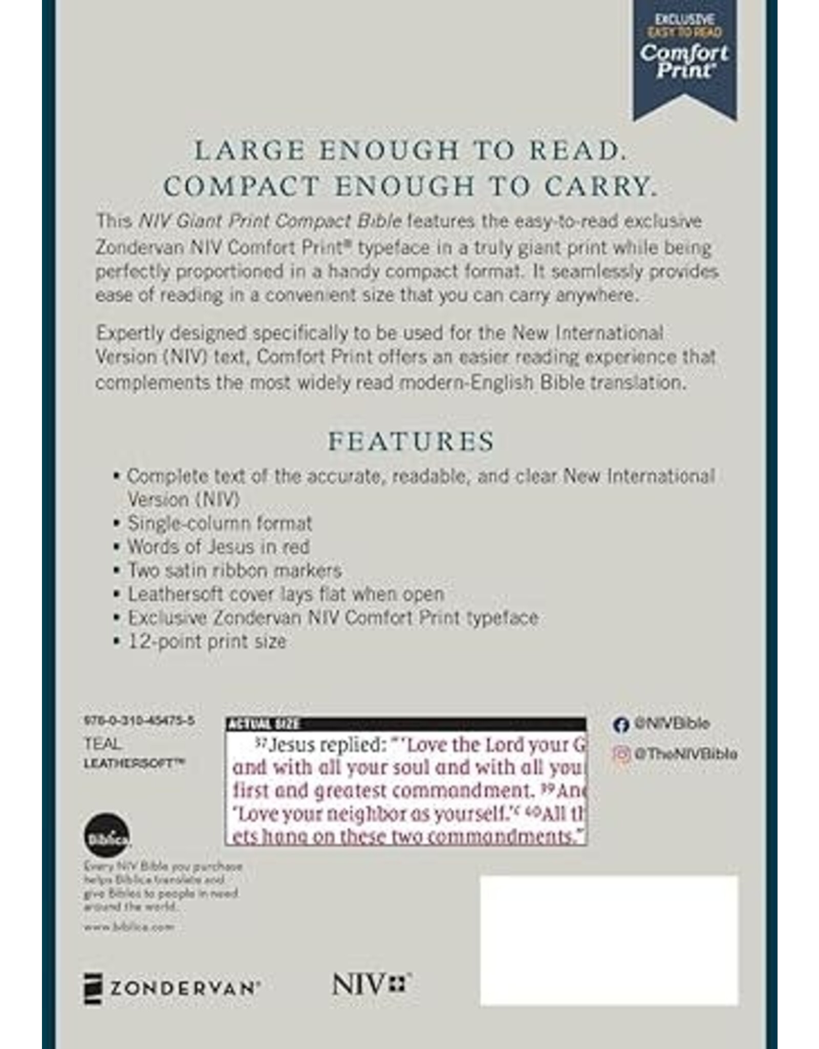 Zondervan NIV Giant Print Compact Bible, Leathersoft, Teal, Red Letter Edition, Comfort Print