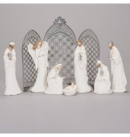 Roman Nativity Set, 12", 7-Piece, White with Pearl Leaf