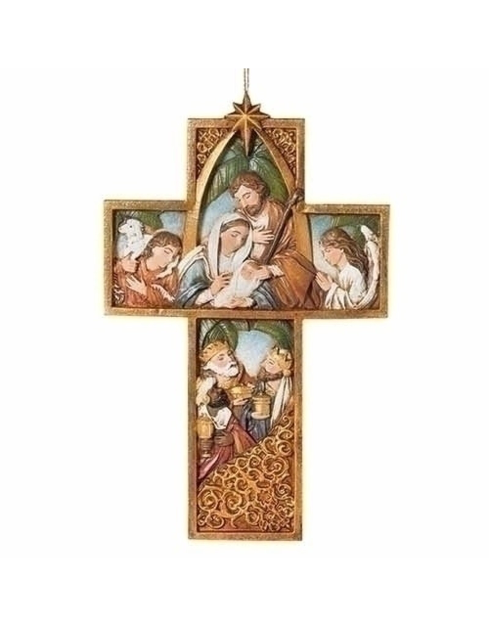 Roman Nativity Wall Cross, Gold Corner Motif