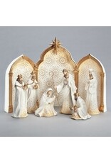 Roman Nativity Set, 11.5", 9-Piece, Gold Dot Ivory with Backdrop