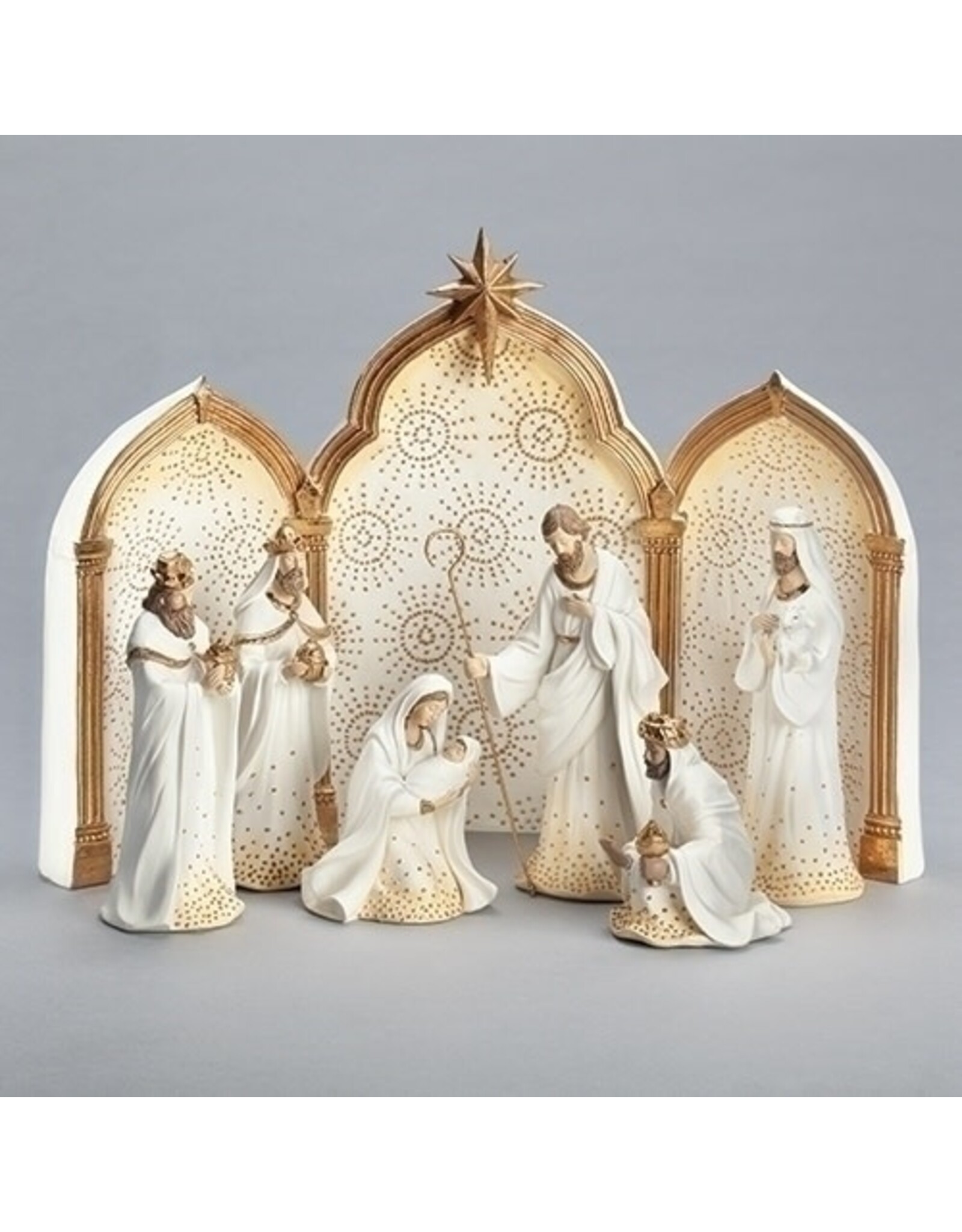 Roman Nativity Set, 11.5", 9-Piece, Gold Dot Ivory with Backdrop