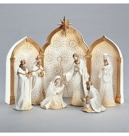 Roman Nativity Set, 11.5", 9-Piece, Gold Dot Ivory with Backdrop