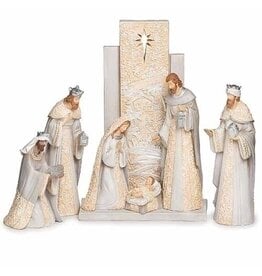 Roman Nativity Set, 13", 7-Piece, Ivory & Gray with Backdrop