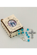 Malhame Regina Our Lady of Grace Natural Wood Box with Rosary