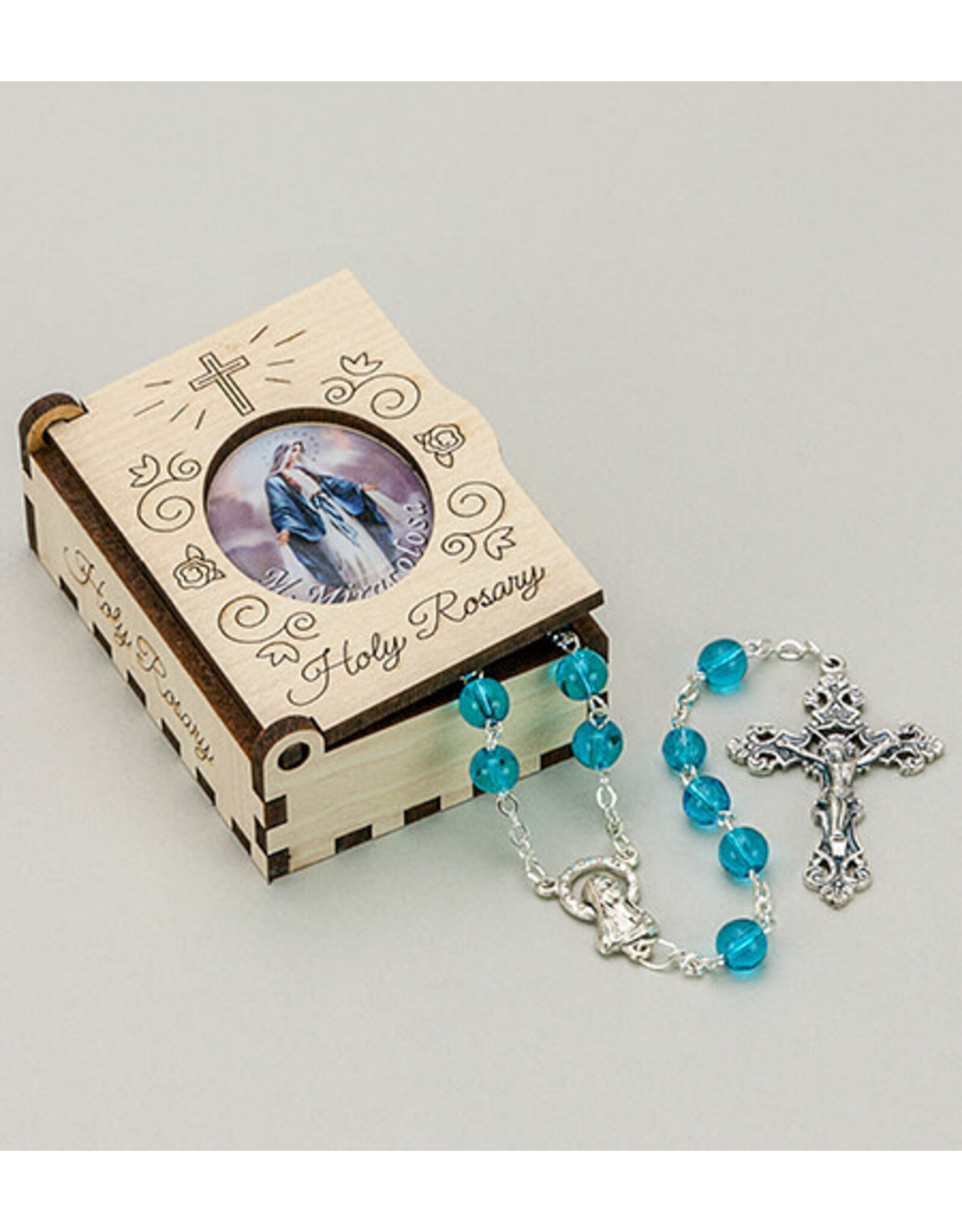 Malhame Regina Our Lady of Grace Natural Wood Box with Rosary