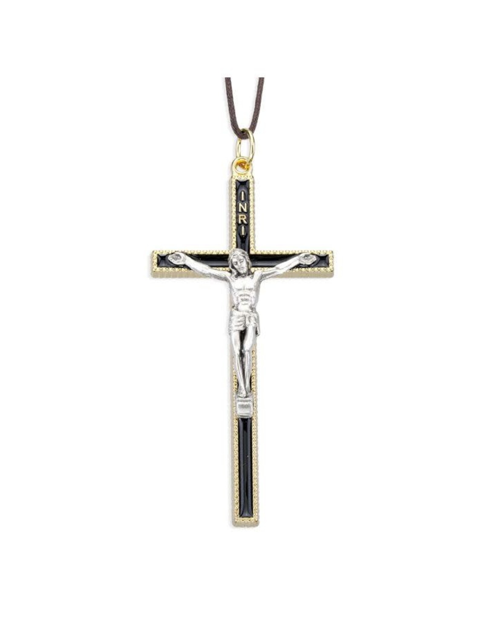 Hirten Pendant - Crucifix with Black Epoxy on Brown Cord