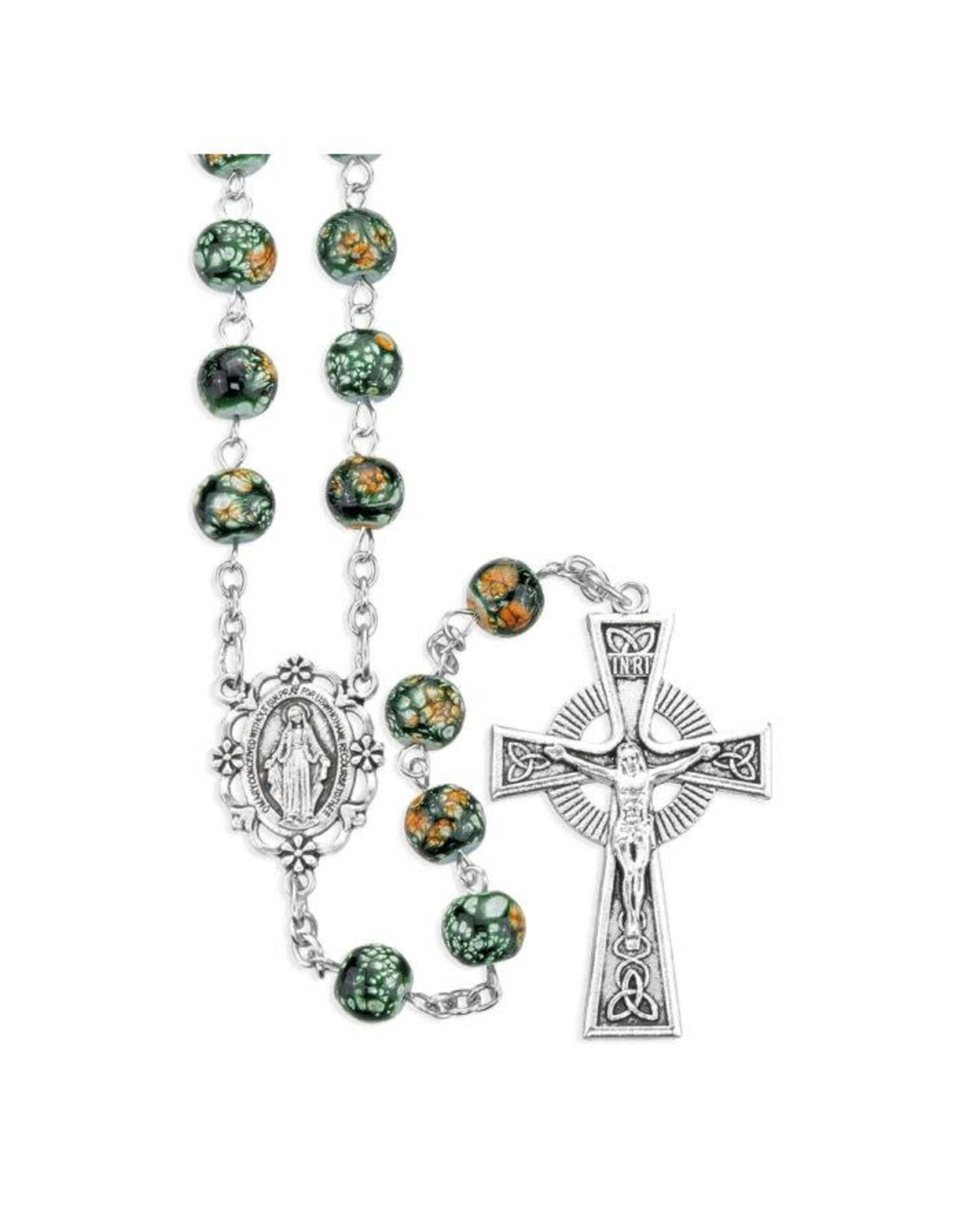 Hirten Rosary - Glass Marbleized Beads with Silver Oxidized Center & Crucifix -
