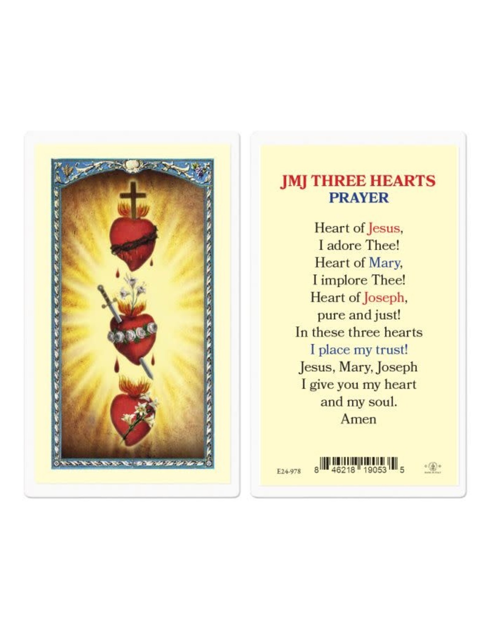 Hirten Holy Card, Laminated - JMJ Three Hearts