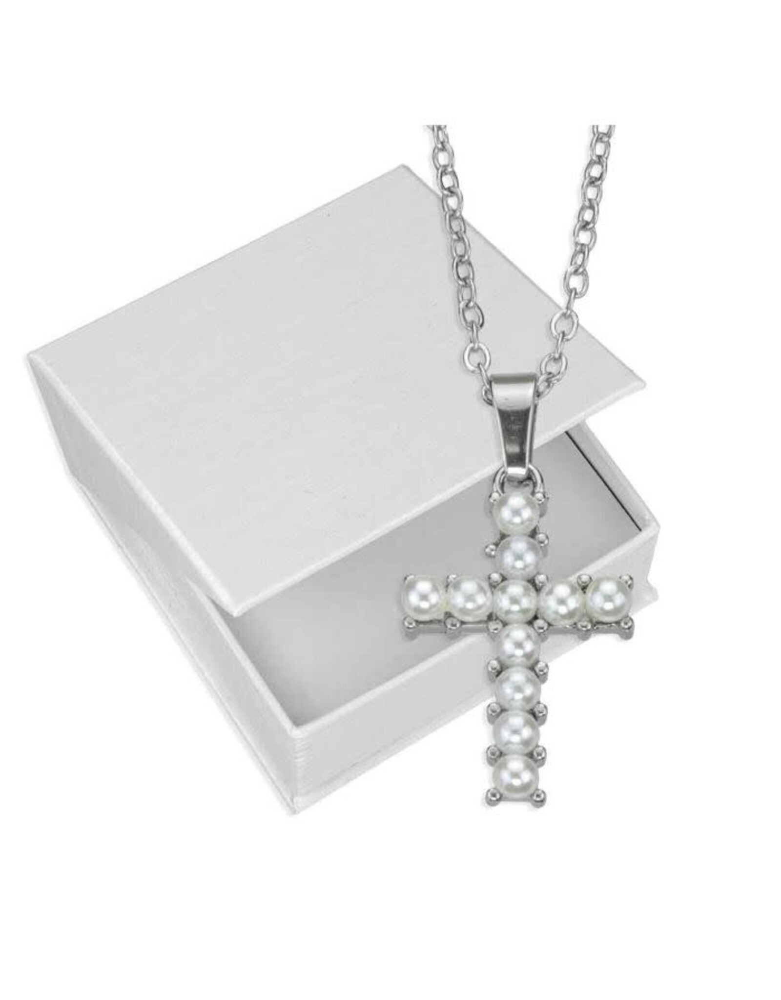 Hirten Necklace - Cross, Silvertone with Pearls