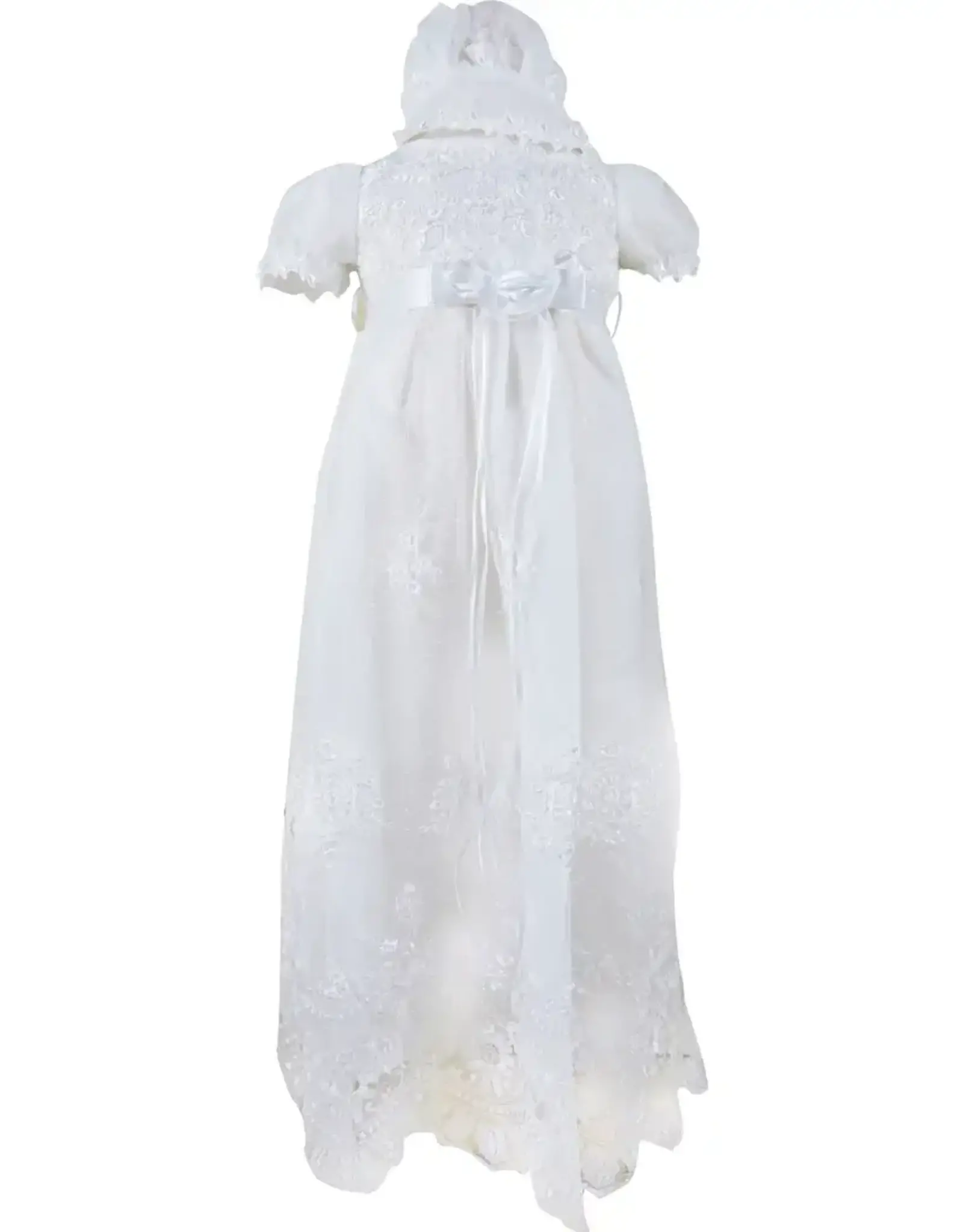 Angeline Kids Baptism (Christening) Gown - Girl, Flower Accent Bow Dress with Bonnet