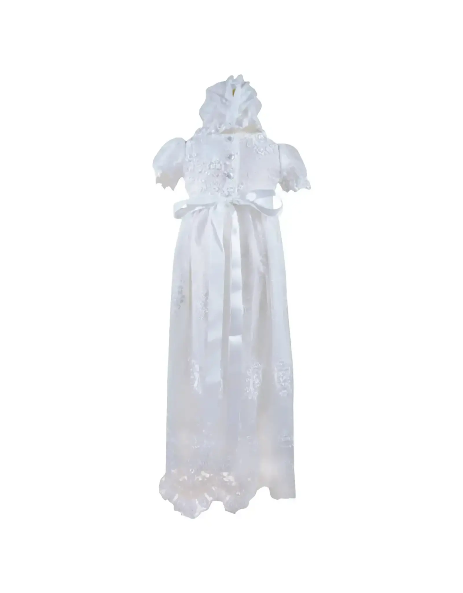 Angeline Kids Baptism (Christening) Gown - Girl, Flower Accent Bow Dress with Bonnet