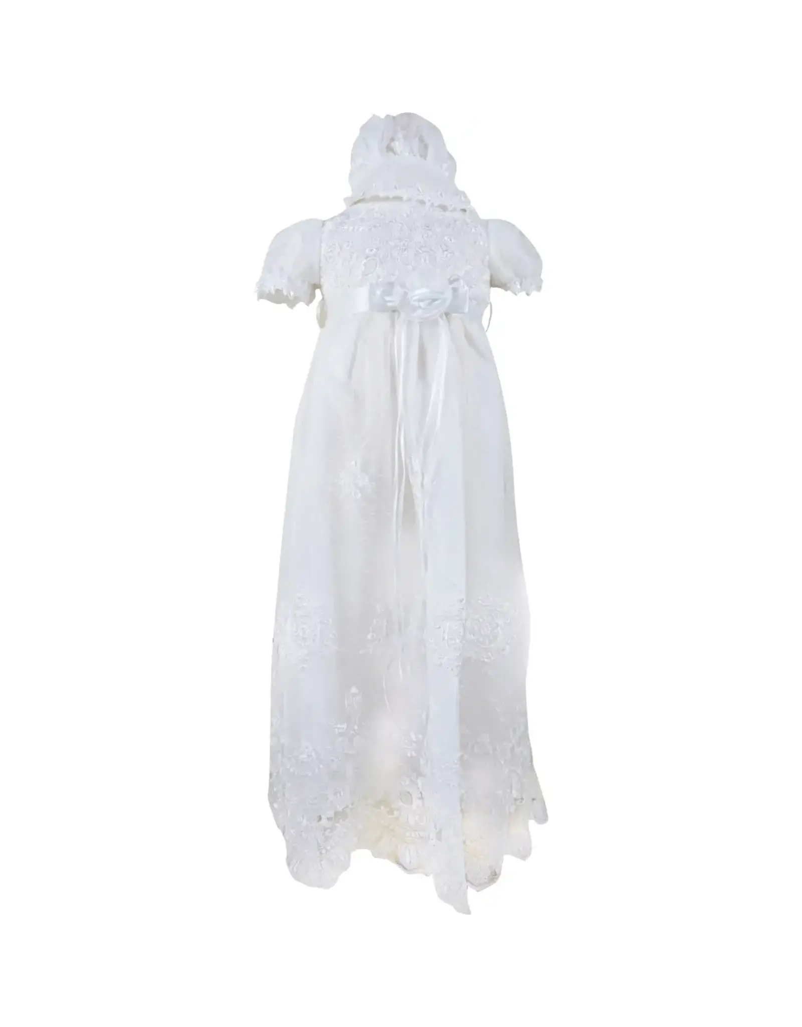 Angeline Kids Baptism (Christening) Gown - Girl, Flower Accent Bow Dress with Bonnet
