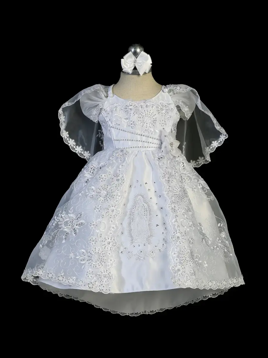 Baptism Gown Girl, Dress with Our Lady of Guadalupe Emblem, Organza