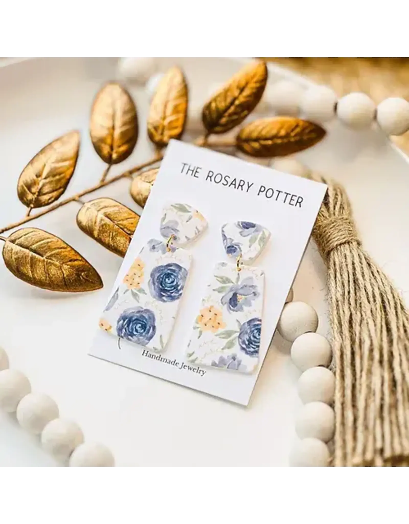 The Rosary Potter Earrings - Ave Maria, Blue Floral, Handmade