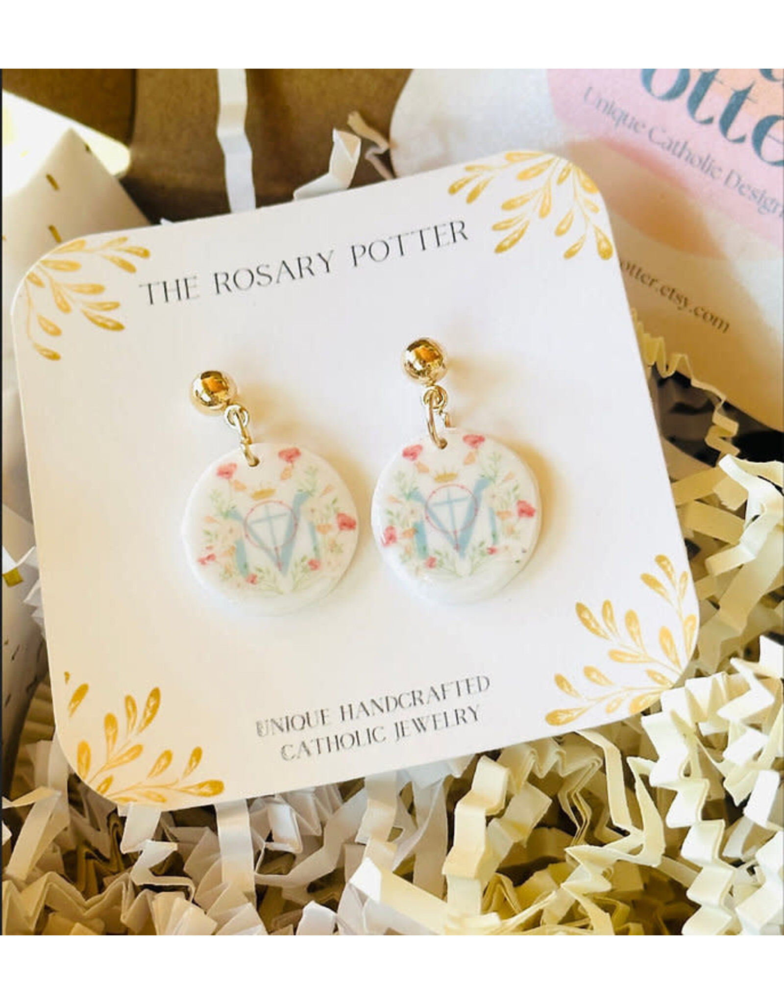 The Rosary Potter Earrings - Mary Monogram, Pastel, Handmade