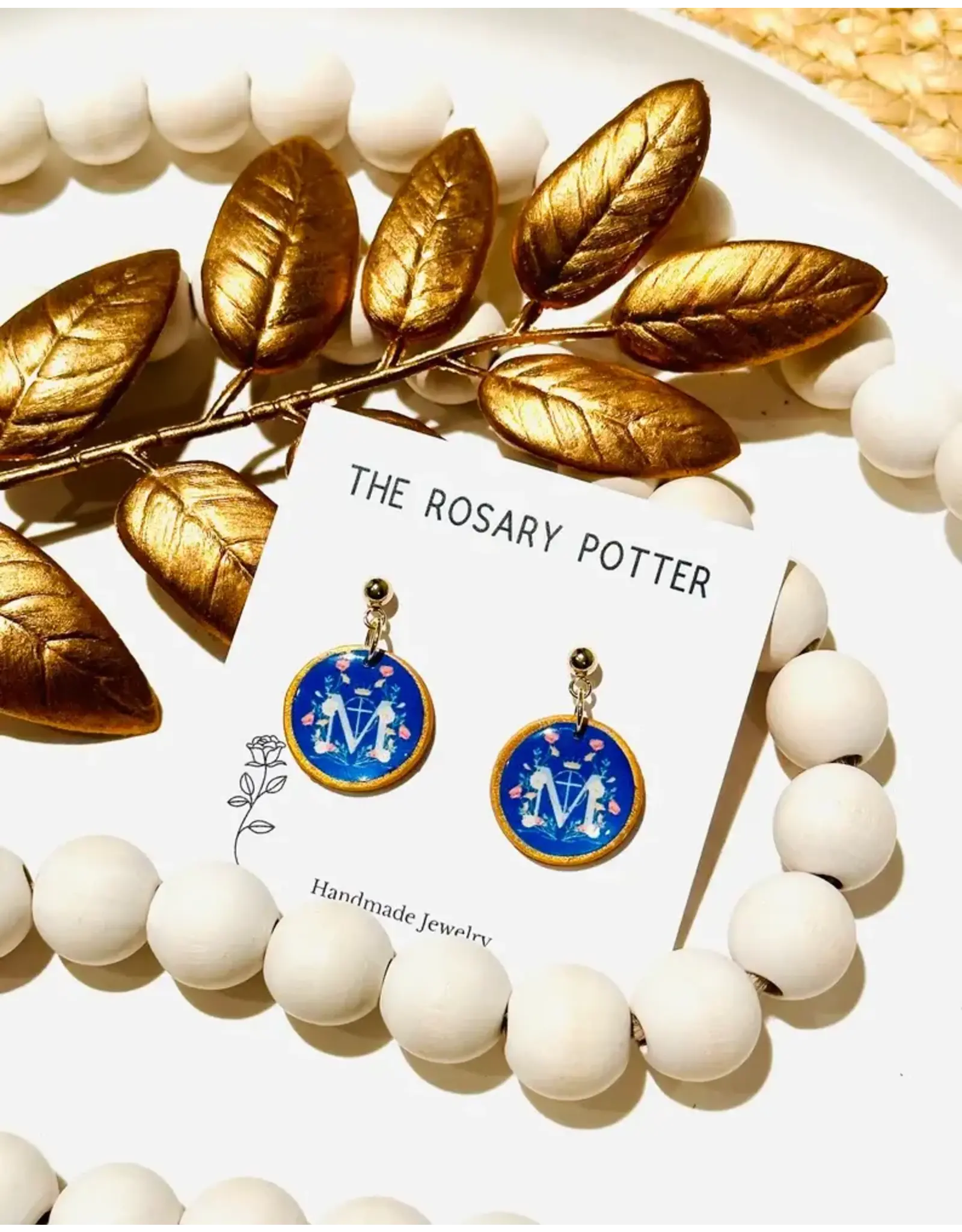 The Rosary Potter Earrings - Mary Monogram, Blue & White, Handmade