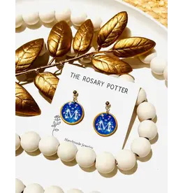 The Rosary Potter Earrings - Mary Monogram, Blue & White, Handmade