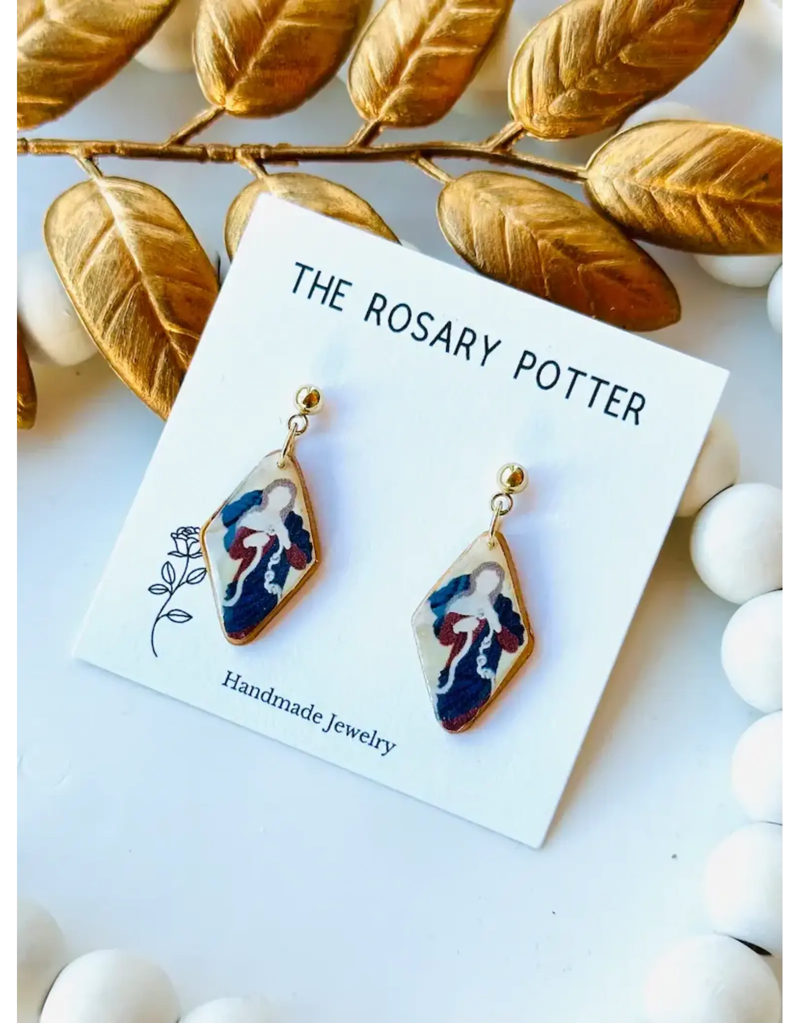 The Rosary Potter Earrings - Mary Undoer of Knots Diamond, Handmade
