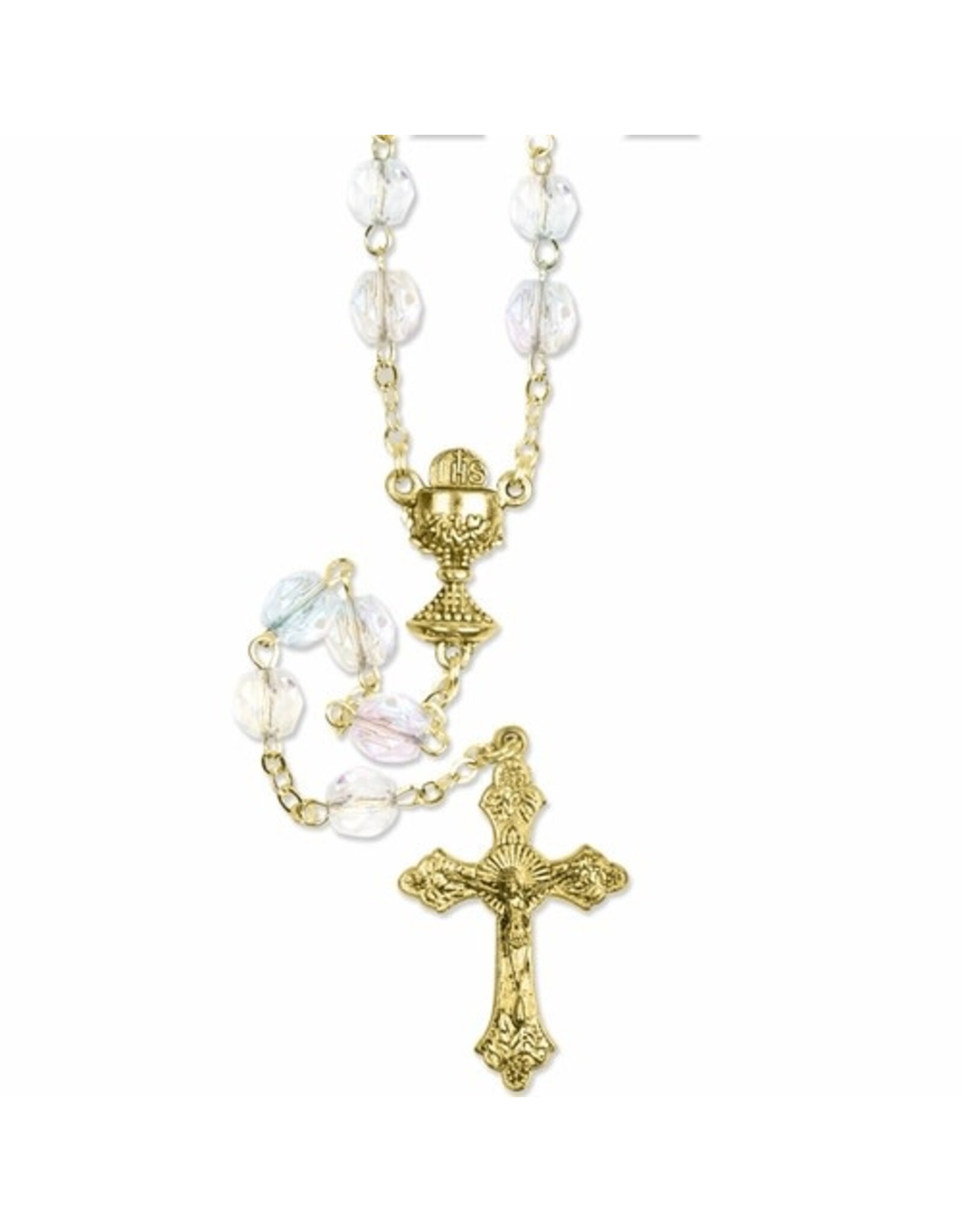 Singer First Communion Rosary, Iridescent Glass Beads