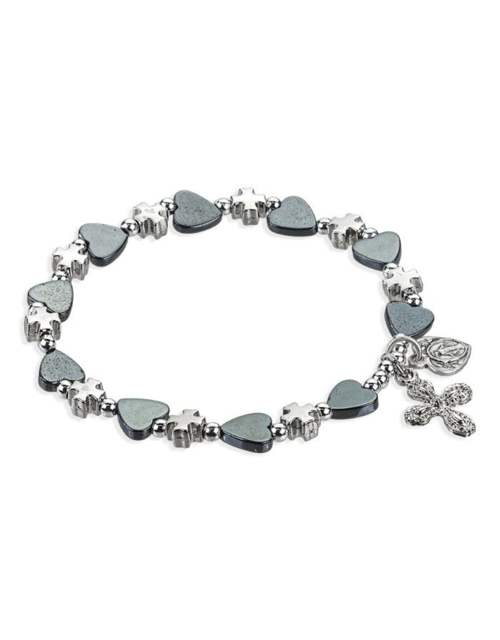 Hirten Rosary Bracelet, Heart-Shaped Hematite Beads