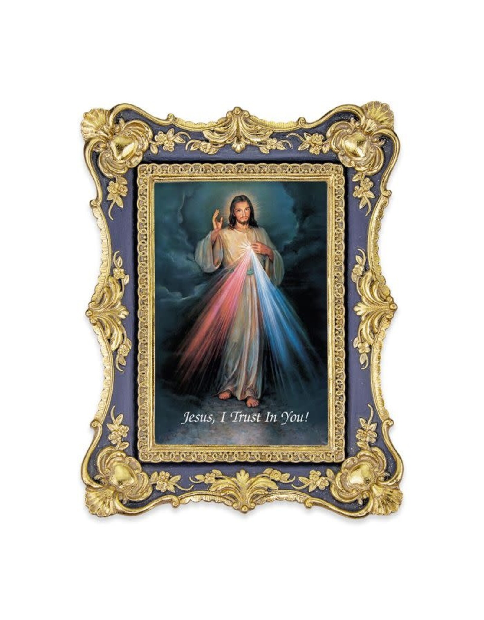 Hirten Picture - Divine Mercy, Antiqued Dark Blue & Gold Frame, 6-1/4x8-1/8