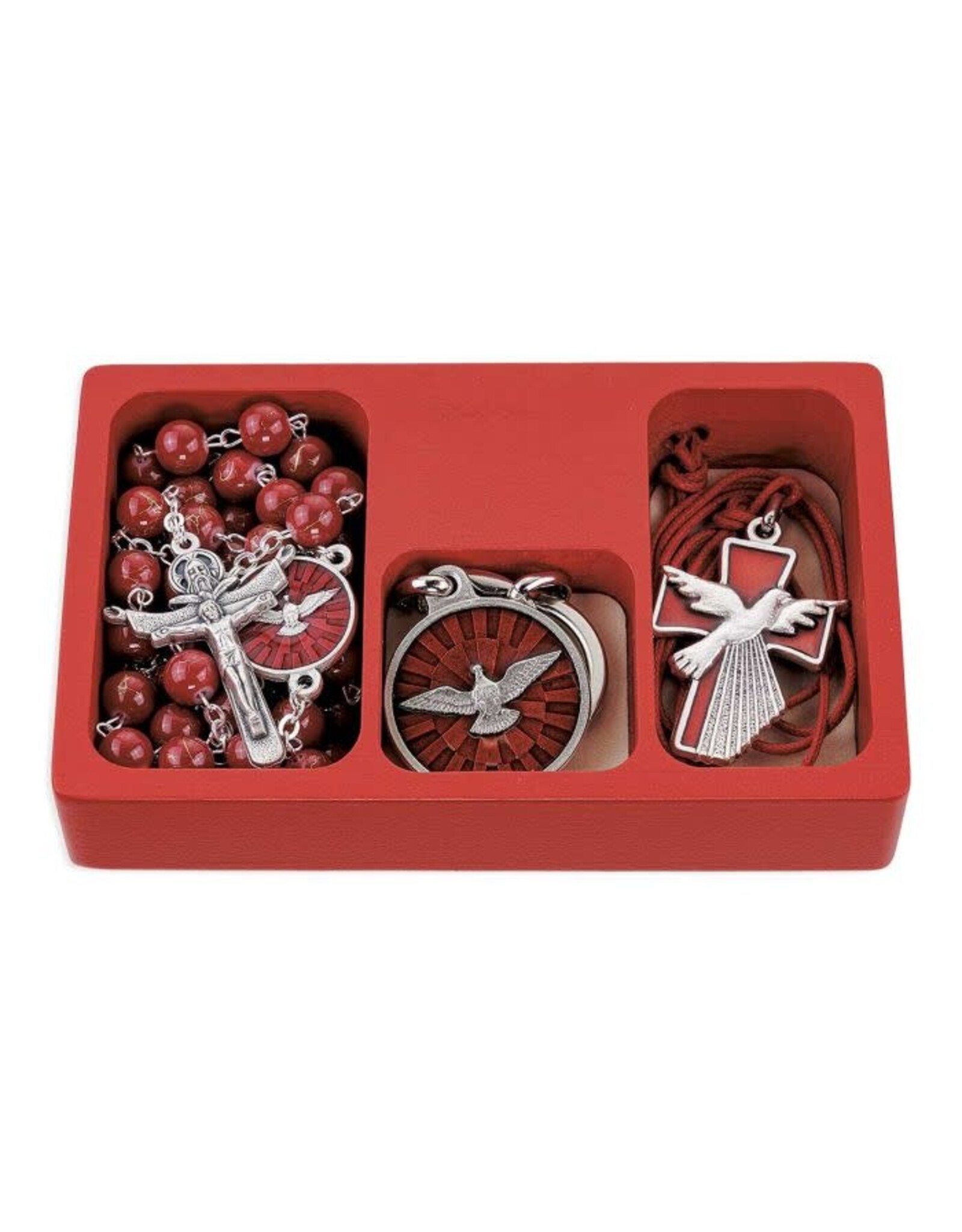 Hirten Confirmation Set - Rosary, Keychain, & Pendant on Red Cord in Red Wooden Box