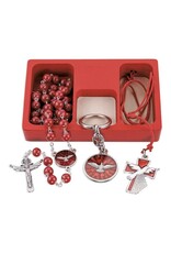 Hirten Confirmation Set - Rosary, Keychain, & Pendant on Red Cord in Red Wooden Box