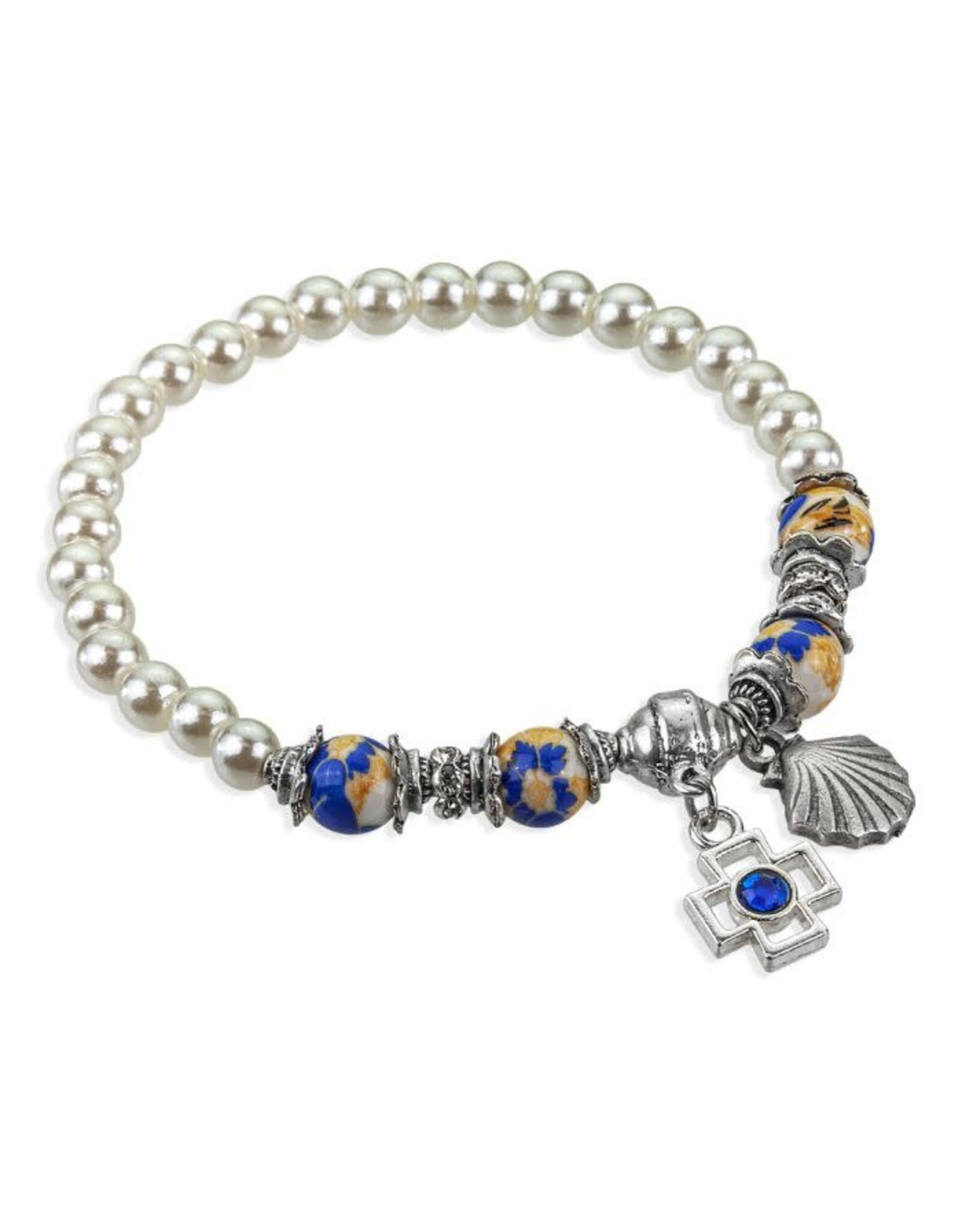Hirten Baptism Bracelet (All Ages), Blue & Pearl Beads with Shell Medal