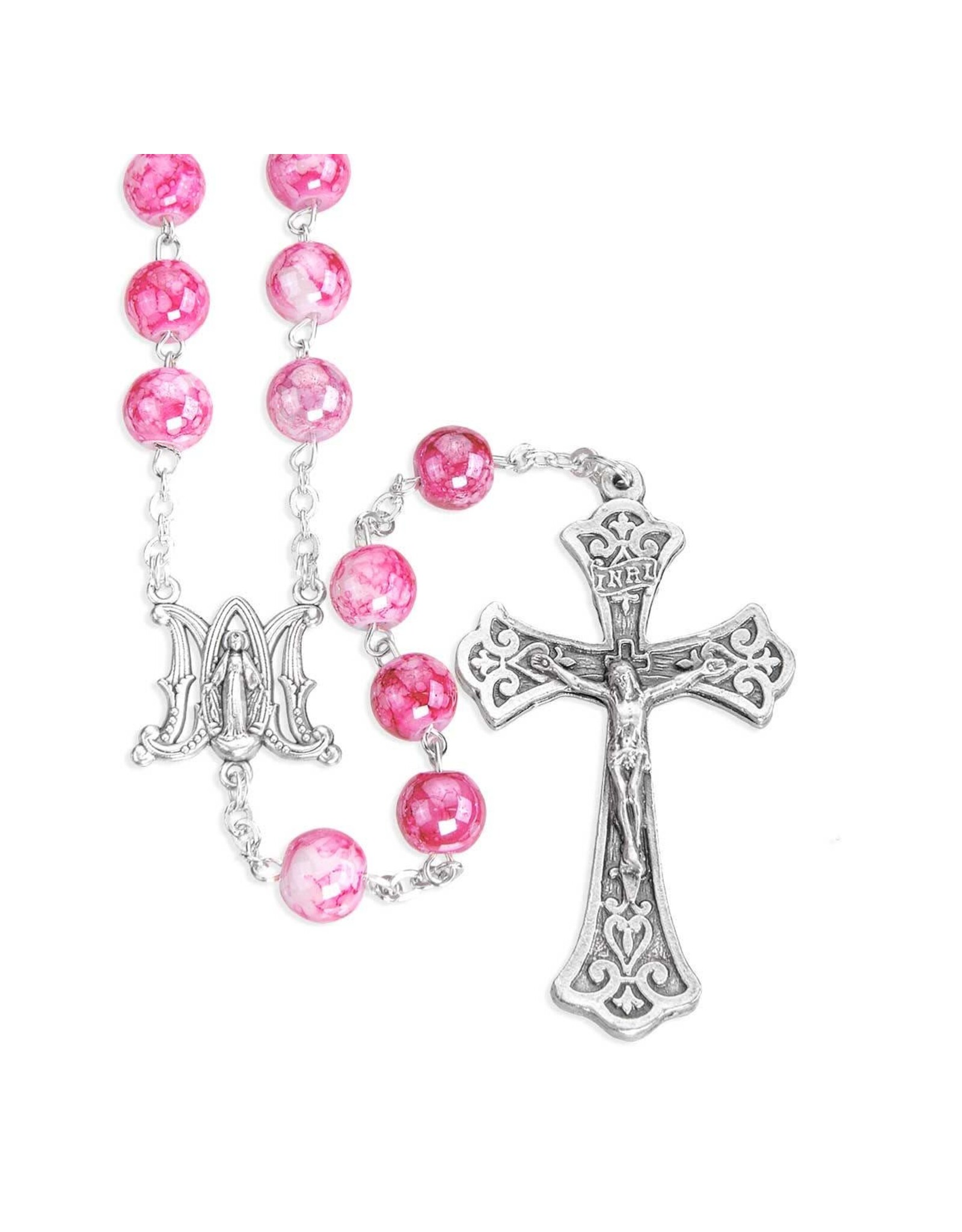 Hirten Rosary - Marbleized Pink Round Glass Beads