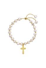 HMH Bracelet - White Pearl with Gold Bead Pull Bracelet, Small Crucifix Medal, Gold Over Sterling Silver