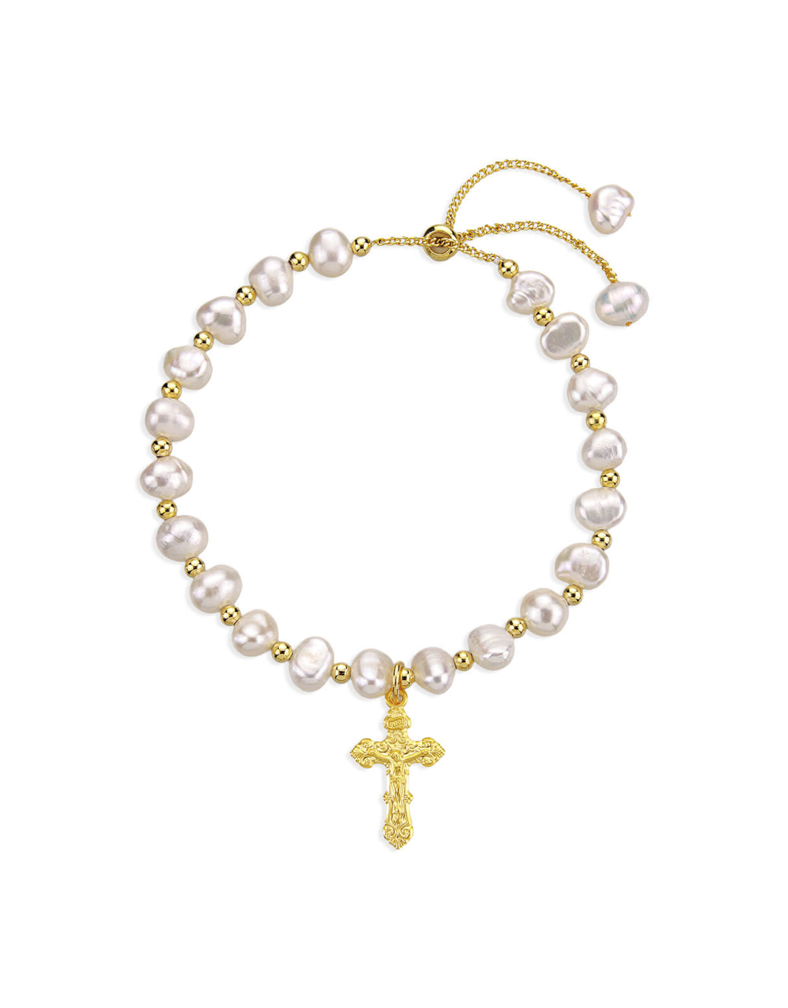 HMH Bracelet - White Pearl with Gold Bead Pull Bracelet, Small Crucifix Medal, Gold Over Sterling Silver