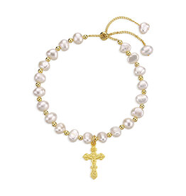 HMH Bracelet - White Pearl with Gold Bead Pull Bracelet, Small Crucifix Medal, Gold Over Sterling Silver