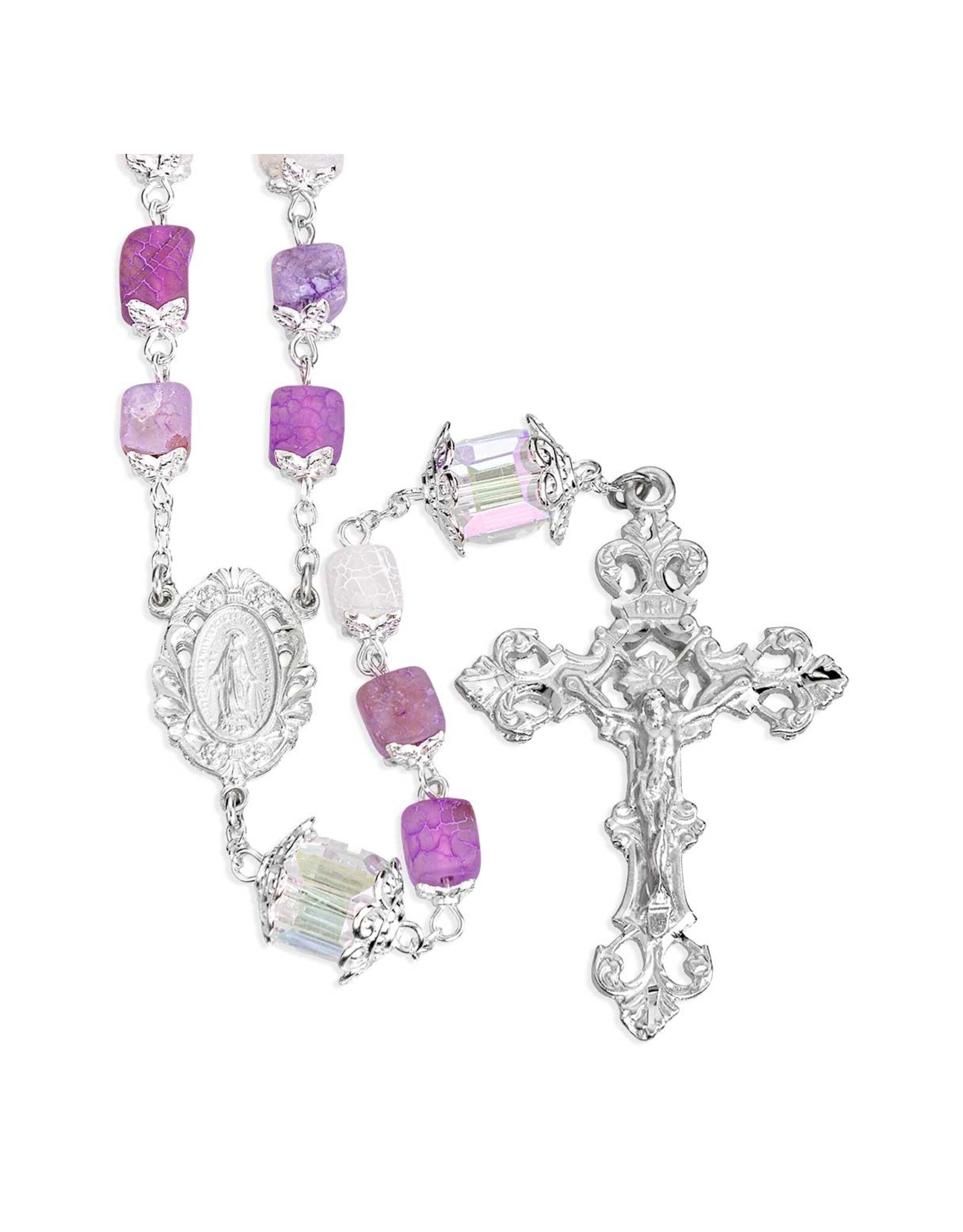 HMH Rosary - 7mm Square Frosted Amethyst Crackle Glass Capped Beads