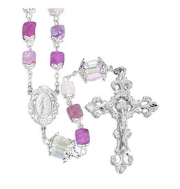 HMH Rosary - 7mm Square Frosted Amethyst Crackle Glass Capped Beads
