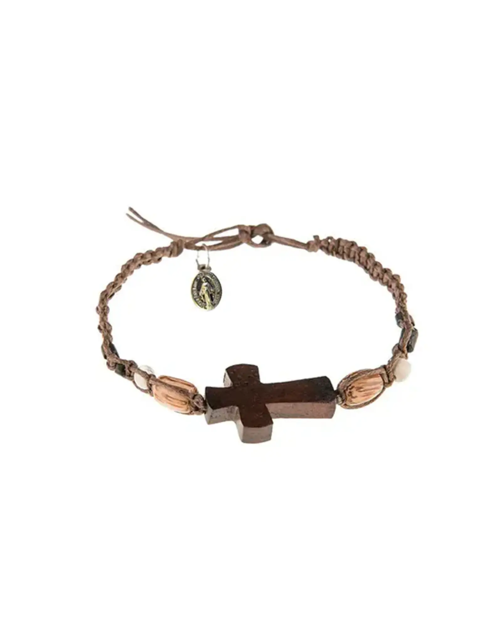 Lumen Mundi Men's Bracelet - Braided with Wooden Cross and Miraculous Medal (Dark Brown)