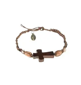Lumen Mundi Men's Bracelet - Braided with Wooden Cross and Miraculous Medal (Dark Brown)