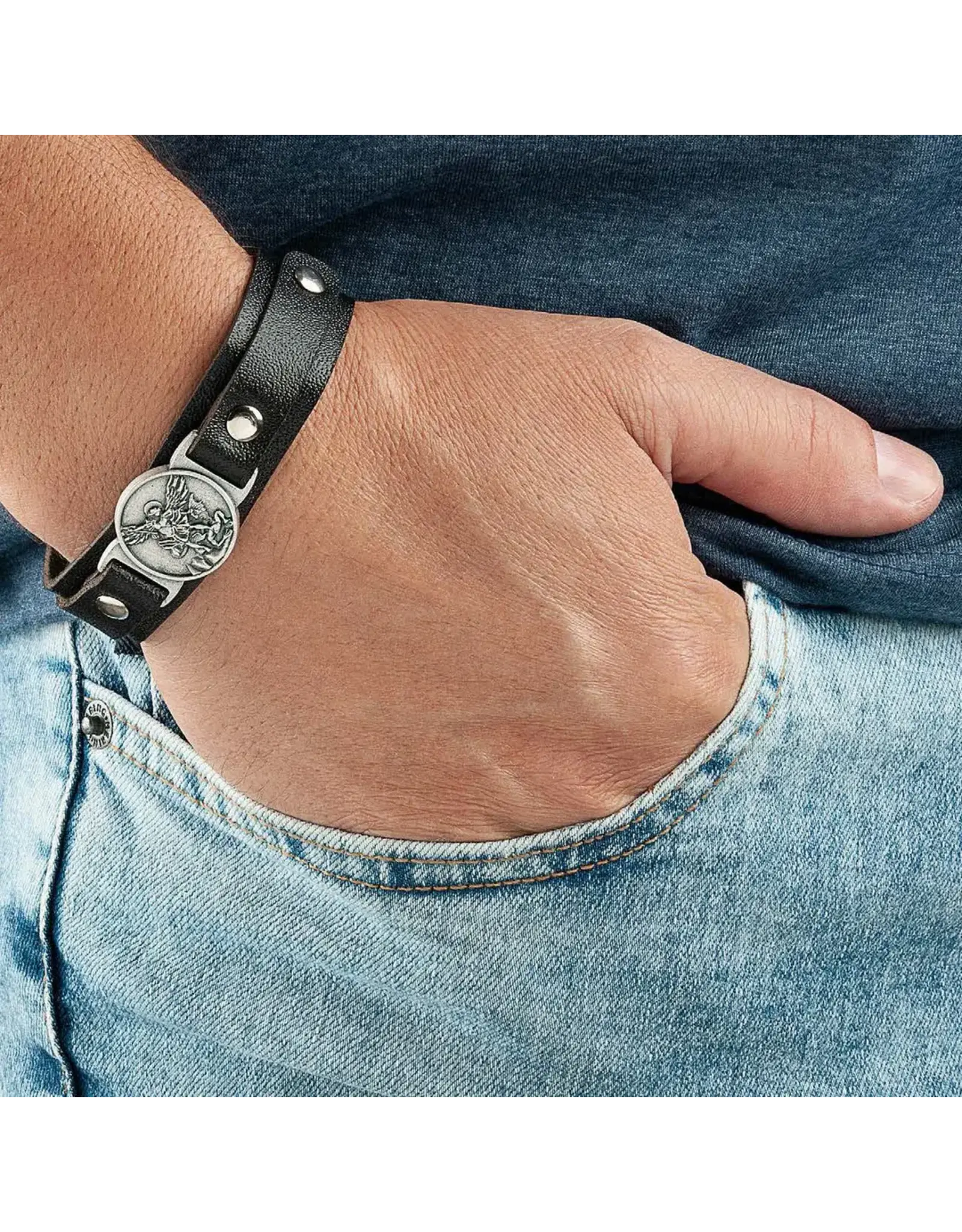 Lumen Mundi Men's Bracelet - Leather, St. Michael (Black)
